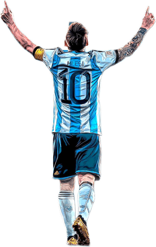 Lionel Messi in the Argentina home kit, arms raised